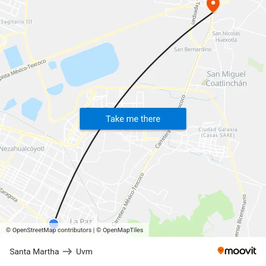 Santa Martha to Uvm map