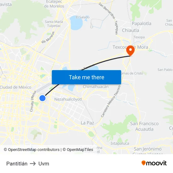 Pantitlán to Uvm map