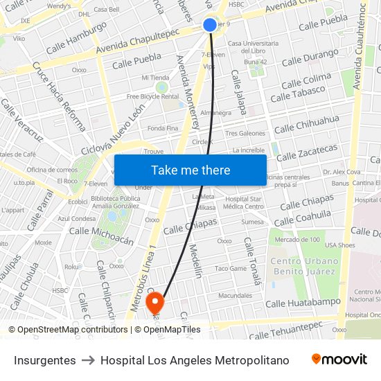 Insurgentes to Hospital Los Angeles Metropolitano map