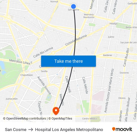 San Cosme to Hospital Los Angeles Metropolitano map