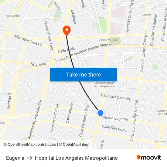 Eugenia to Hospital Los Angeles Metropolitano map