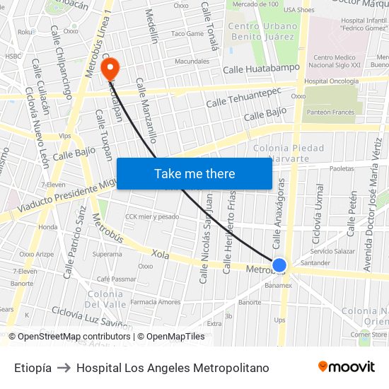 Etiopía to Hospital Los Angeles Metropolitano map