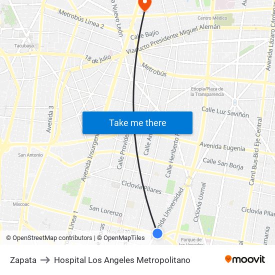 Zapata to Hospital Los Angeles Metropolitano map