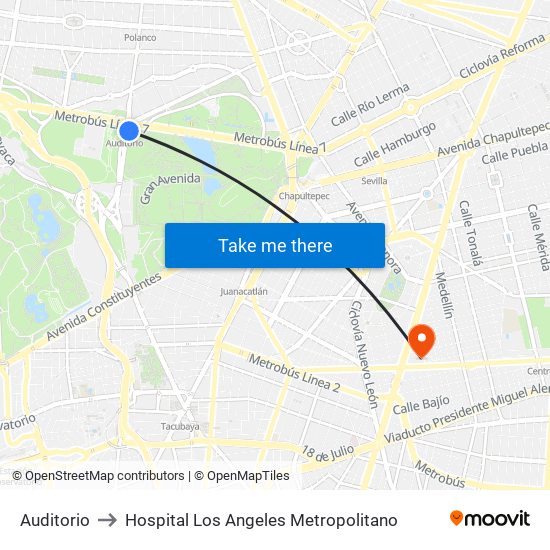 Auditorio to Hospital Los Angeles Metropolitano map