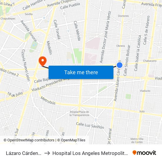 Lázaro Cárdenas to Hospital Los Angeles Metropolitano map