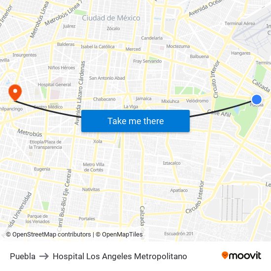 Puebla to Hospital Los Angeles Metropolitano map