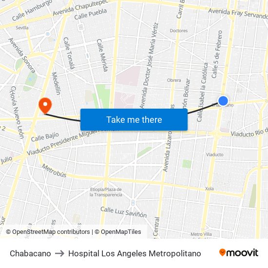 Chabacano to Hospital Los Angeles Metropolitano map