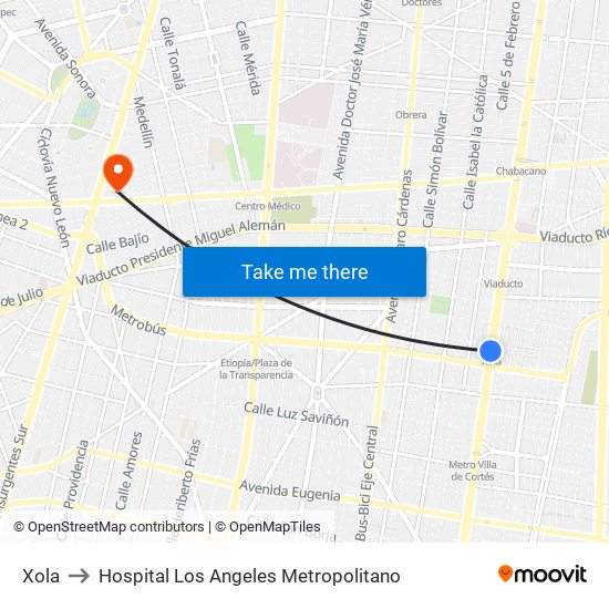 Xola to Hospital Los Angeles Metropolitano map