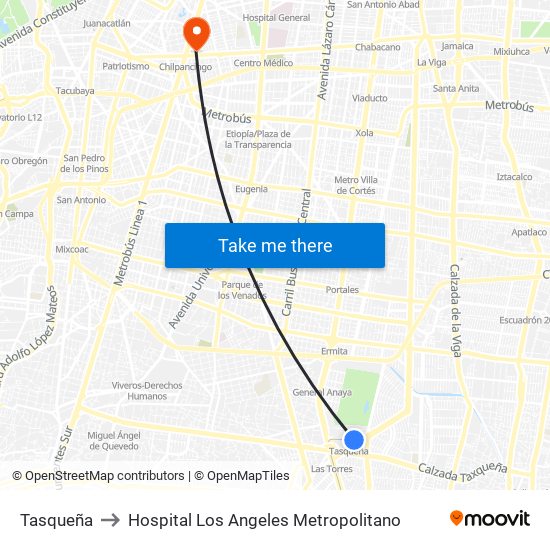 Tasqueña to Hospital Los Angeles Metropolitano map