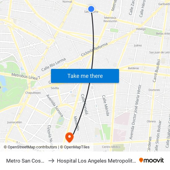 Metro San Cosme to Hospital Los Angeles Metropolitano map