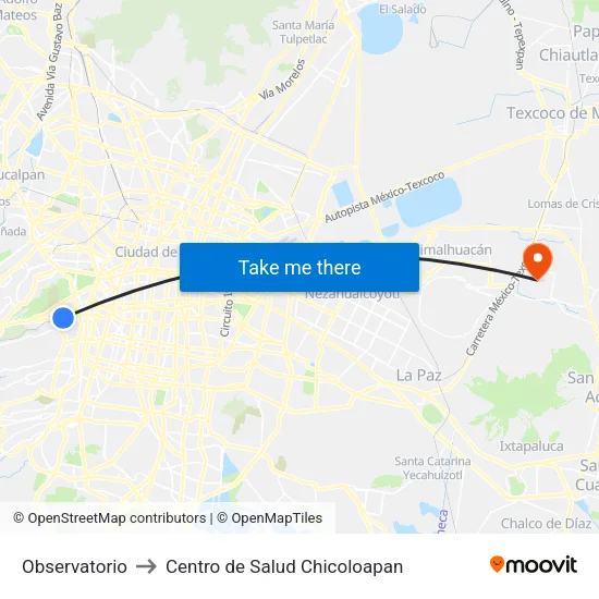 Observatorio to Centro de Salud Chicoloapan map