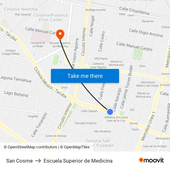 San Cosme to Escuela Superior de Medicina map
