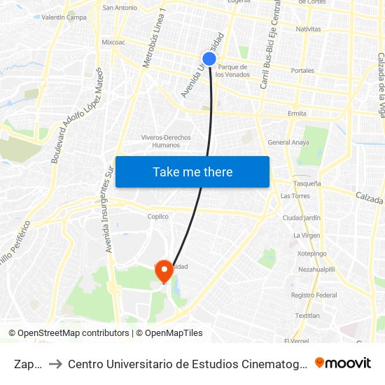 Zapata to Centro Universitario de Estudios Cinematográficos (Cuec) map