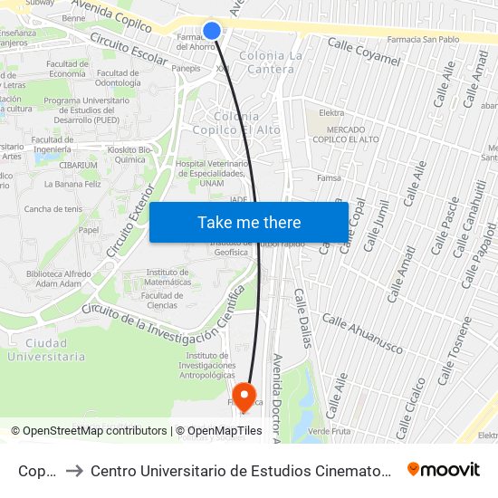 Copilco to Centro Universitario de Estudios Cinematográficos (Cuec) map