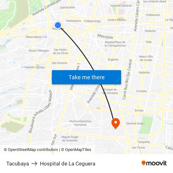Tacubaya to Hospital de La Ceguera map