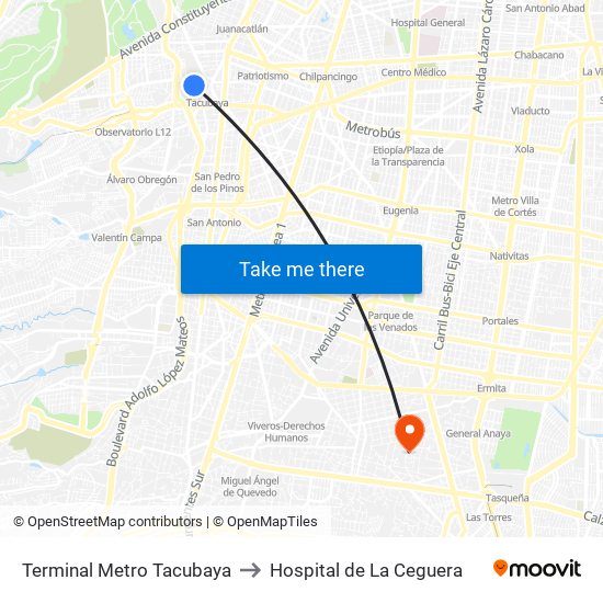 Terminal Metro Tacubaya to Hospital de La Ceguera map