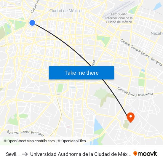 Sevilla to Universidad Autónoma de la Ciudad de México map