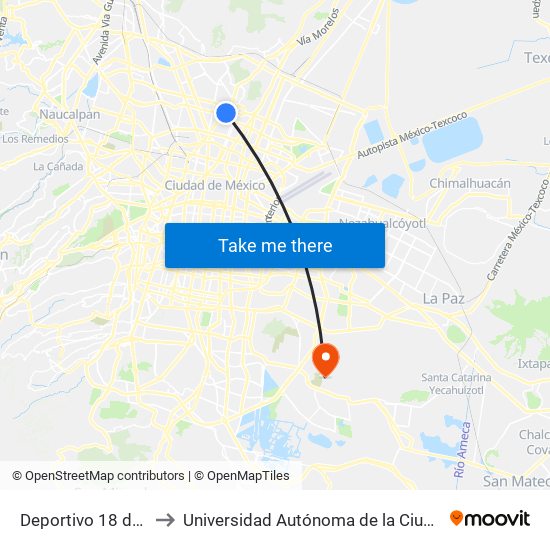 Deportivo 18 de Marzo to Universidad Autónoma de la Ciudad de México map