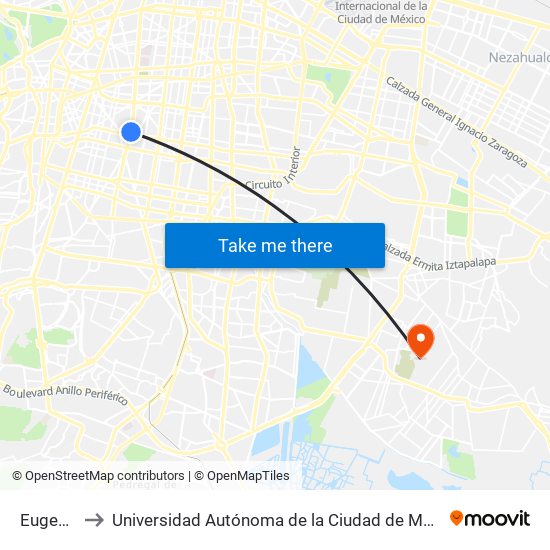 Eugenia to Universidad Autónoma de la Ciudad de México map