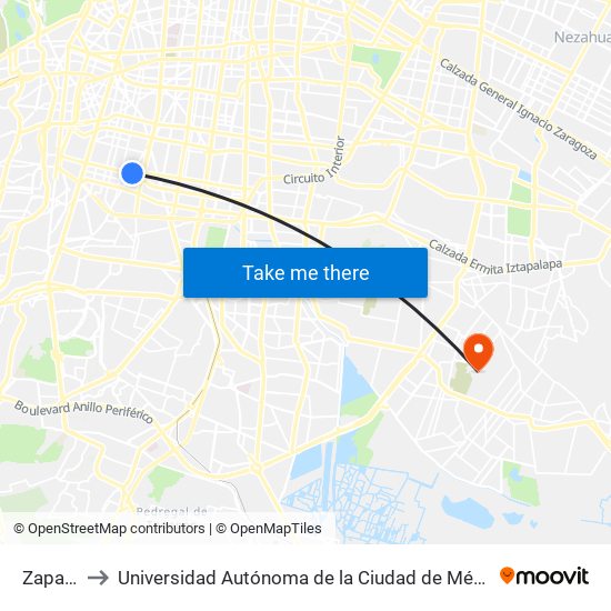 Zapata to Universidad Autónoma de la Ciudad de México map