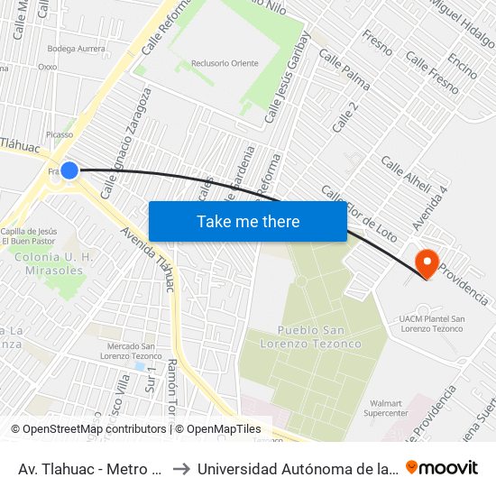 Av. Tlahuac - Metro Periférico Ote. to Universidad Autónoma de la Ciudad de México map