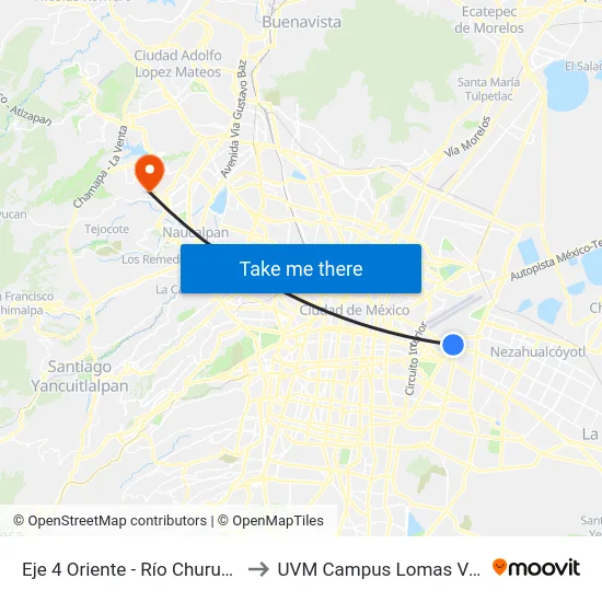 Eje 4 Oriente - Río Churubusco to UVM Campus Lomas Verdes map