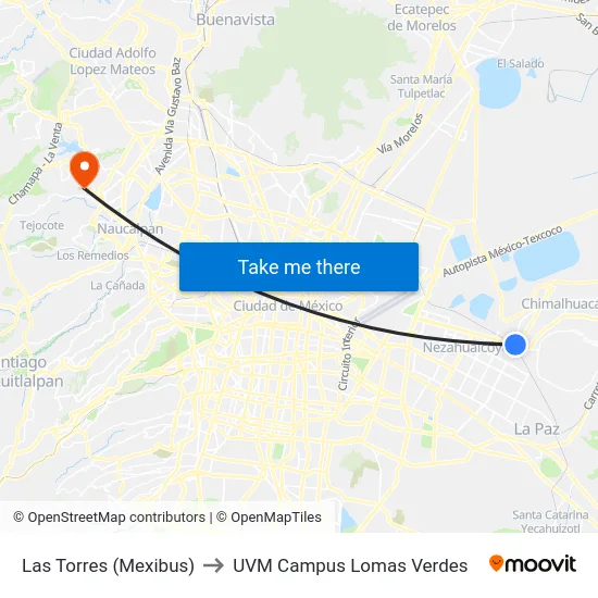 Las Torres (Mexibus) to UVM Campus Lomas Verdes map