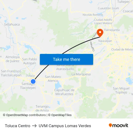 Toluca Centro to UVM Campus Lomas Verdes map