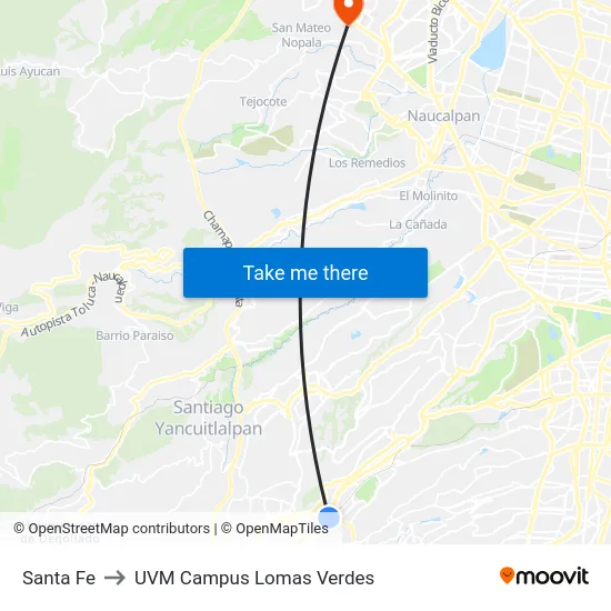 Santa Fe to UVM Campus Lomas Verdes map