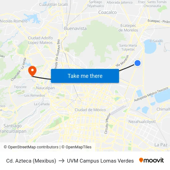 Cd. Azteca (Mexibus) to UVM Campus Lomas Verdes map