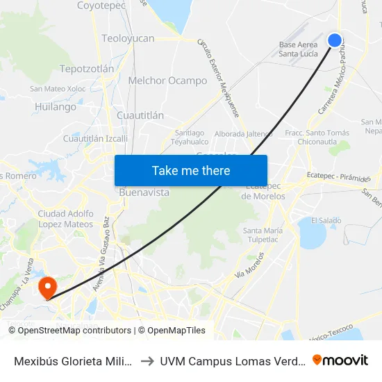 Mexibús Glorieta Militar to UVM Campus Lomas Verdes map