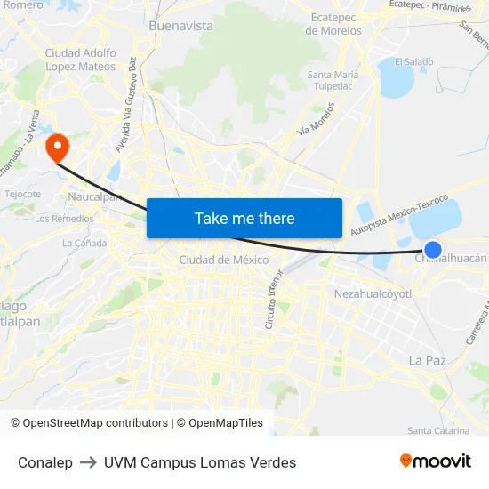 Conalep to UVM Campus Lomas Verdes map