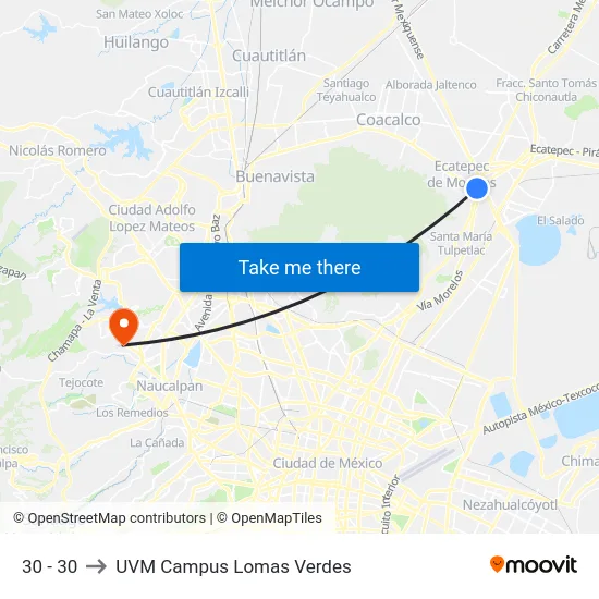 30 - 30 to UVM Campus Lomas Verdes map
