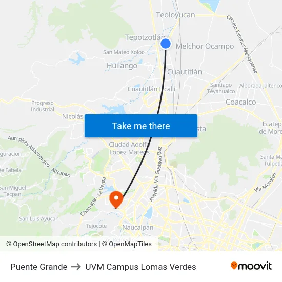 Puente Grande to UVM Campus Lomas Verdes map