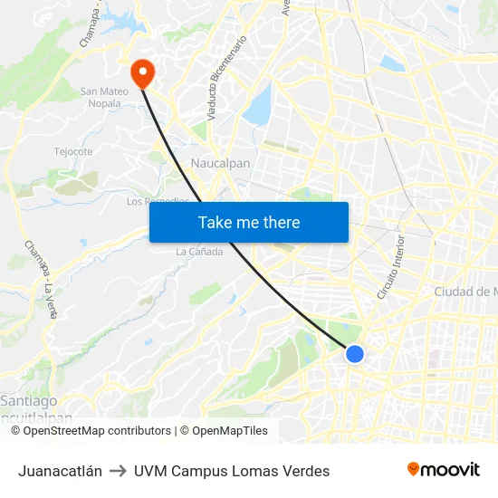 Juanacatlán to UVM Campus Lomas Verdes map