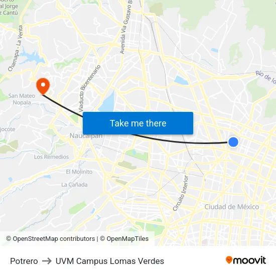 Potrero to UVM Campus Lomas Verdes map