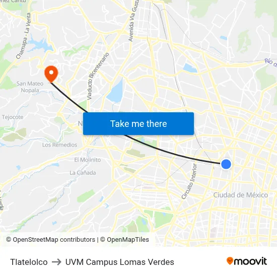 Tlatelolco to UVM Campus Lomas Verdes map