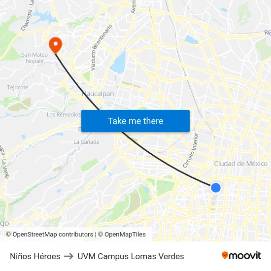Niños Héroes to UVM Campus Lomas Verdes map