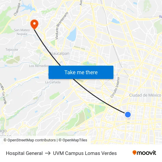 Hospital General to UVM Campus Lomas Verdes map