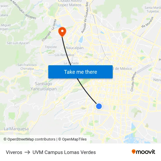 Viveros to UVM Campus Lomas Verdes map