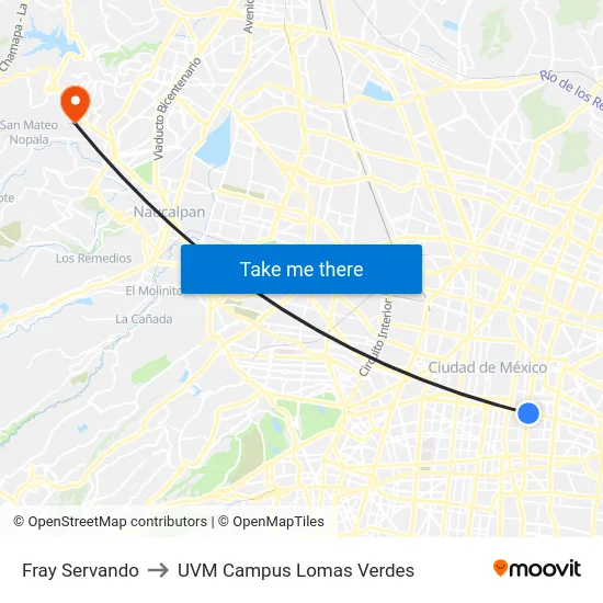 Fray Servando to UVM Campus Lomas Verdes map