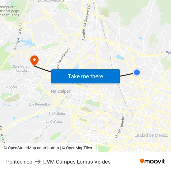 Politécnico to UVM Campus Lomas Verdes map