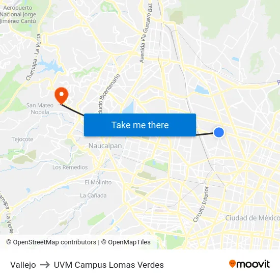 Vallejo to UVM Campus Lomas Verdes map