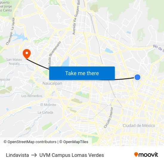 Lindavista to UVM Campus Lomas Verdes map