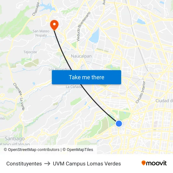 Constituyentes to UVM Campus Lomas Verdes map