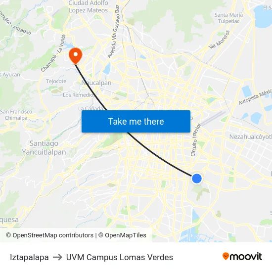Iztapalapa to UVM Campus Lomas Verdes map