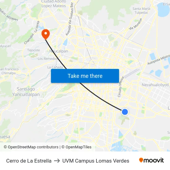 Cerro de La Estrella to UVM Campus Lomas Verdes map