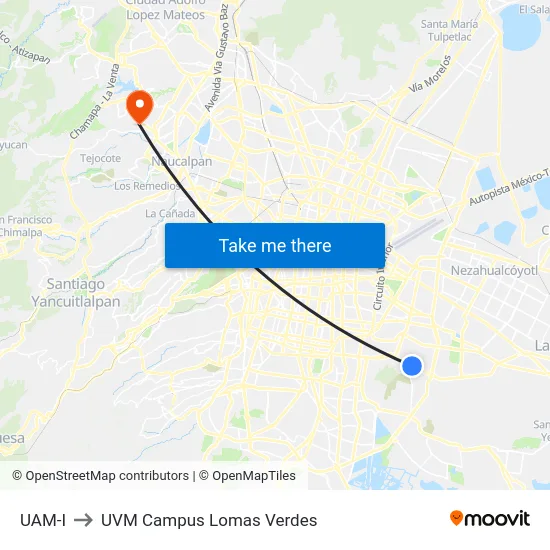 UAM-I to UVM Campus Lomas Verdes map