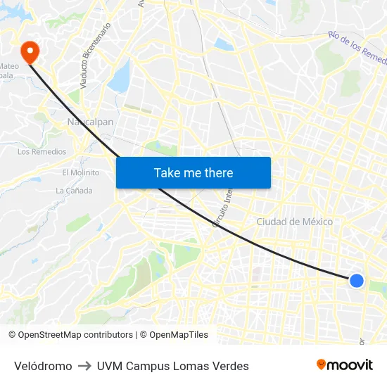 Velódromo to UVM Campus Lomas Verdes map