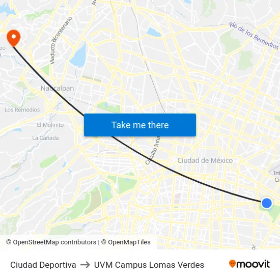 Ciudad Deportiva to UVM Campus Lomas Verdes map